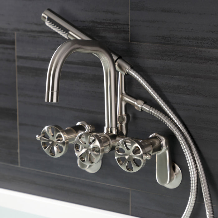Kingston Sona AE8458RX - Belknap Three-Handle 2-Hole Wall Mount Clawfoot Tub Faucet with Hand Shower, Brushed Nickel