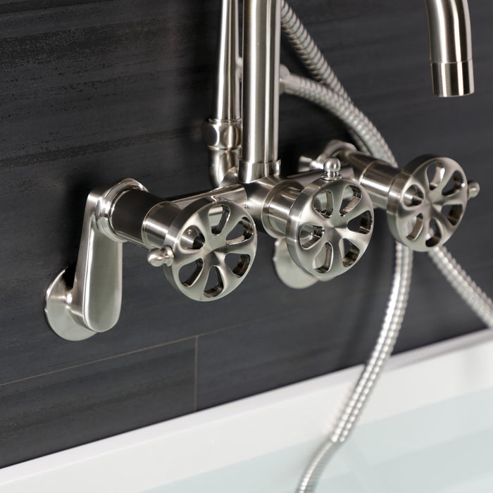 Kingston Sona AE8458RX - Belknap Three-Handle 2-Hole Wall Mount Clawfoot Tub Faucet with Hand Shower, Brushed Nickel