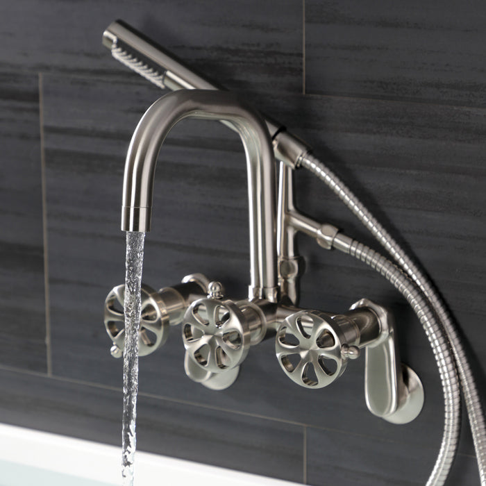 Kingston Sona AE8458RX - Belknap Three-Handle 2-Hole Wall Mount Clawfoot Tub Faucet with Hand Shower, Brushed Nickel