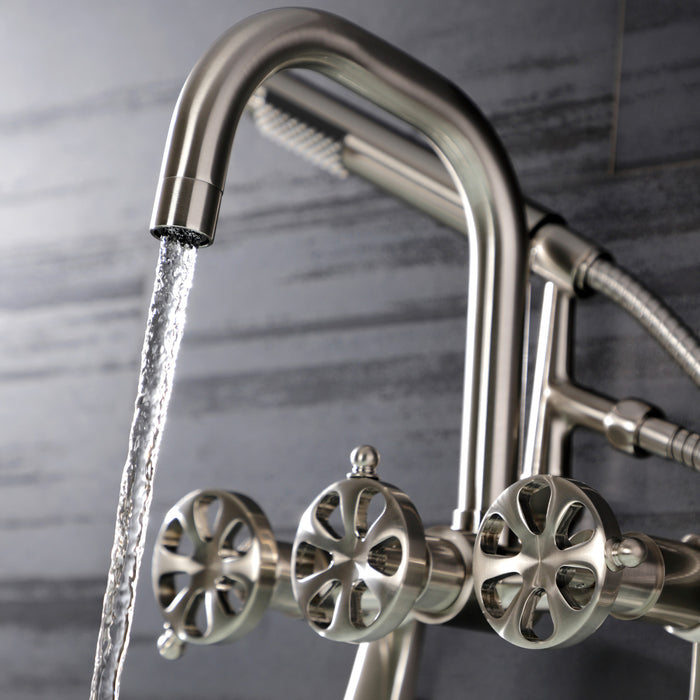 Kingston Sona AE8458RX - Belknap Three-Handle 2-Hole Wall Mount Clawfoot Tub Faucet with Hand Shower, Brushed Nickel