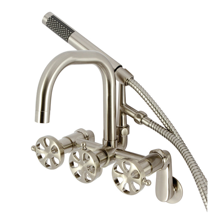 Kingston Sona AE8458RX - Belknap Three-Handle 2-Hole Wall Mount Clawfoot Tub Faucet with Hand Shower, Brushed Nickel