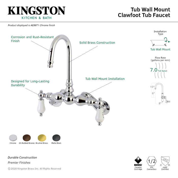 Kingston Aqua Vintage AE85T0 Two-Handle 2-Hole Tub Wall Mount Clawfoot Tub Faucet, Matte Black