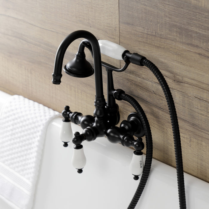 Kingston Heirloom AE9T0 - Aqua Vintage Three-Handle 2-Hole Tub Wall Mount Clawfoot Tub Faucet with Hand Shower, Matte Black