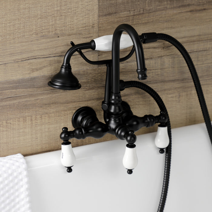 Kingston Heirloom AE9T0 - Aqua Vintage Three-Handle 2-Hole Tub Wall Mount Clawfoot Tub Faucet with Hand Shower, Matte Black