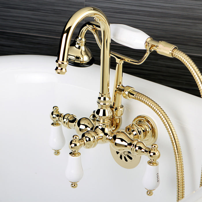 Kingston Heirloom AE9T2 - Aqua Vintage Three-Handle 2-Hole Tub Wall Mount Clawfoot Tub Faucet with Hand Shower, Polished Brass
