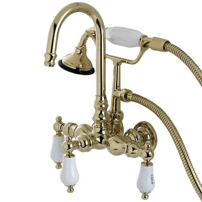 Kingston Heirloom AE9T2 - Aqua Vintage Three-Handle 2-Hole Tub Wall Mount Clawfoot Tub Faucet with Hand Shower, Polished Brass