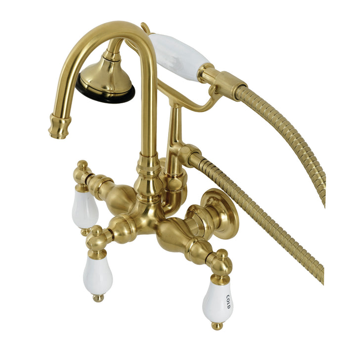 Kingston Heirloom AE9T7 - Aqua Vintage Three-Handle 2-Hole Tub Wall Mount Clawfoot Tub Faucet with Hand Shower, Brushed Brass