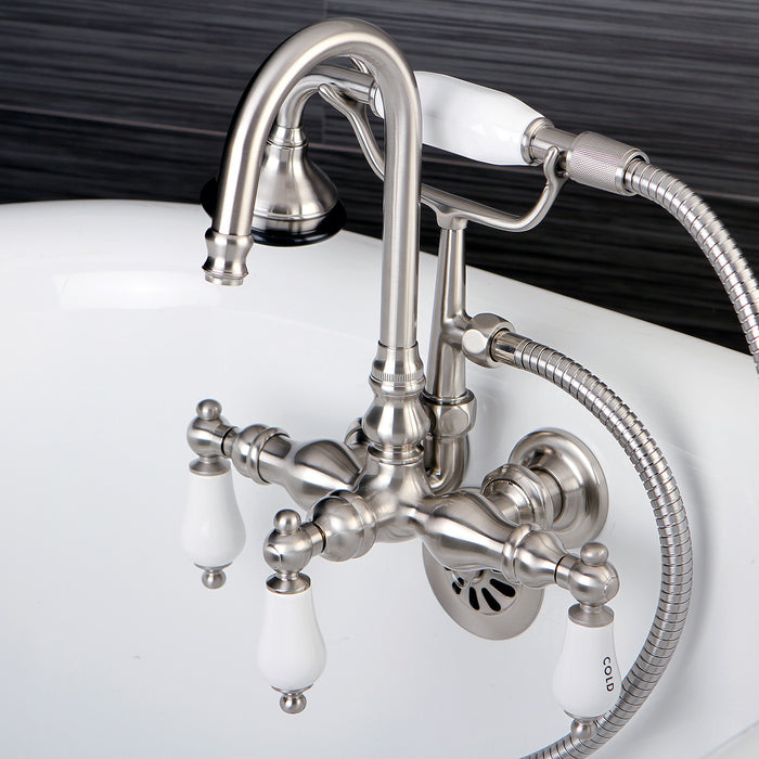 Kingston Heirloom AE9T8 - Aqua Vintage Three-Handle 2-Hole Tub Wall Mount Clawfoot Tub Faucet with Hand Shower, Brushed Nickel