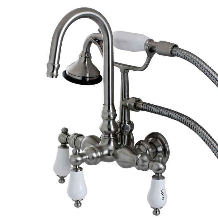 Kingston Heirloom AE9T8 - Aqua Vintage Three-Handle 2-Hole Tub Wall Mount Clawfoot Tub Faucet with Hand Shower, Brushed Nickel