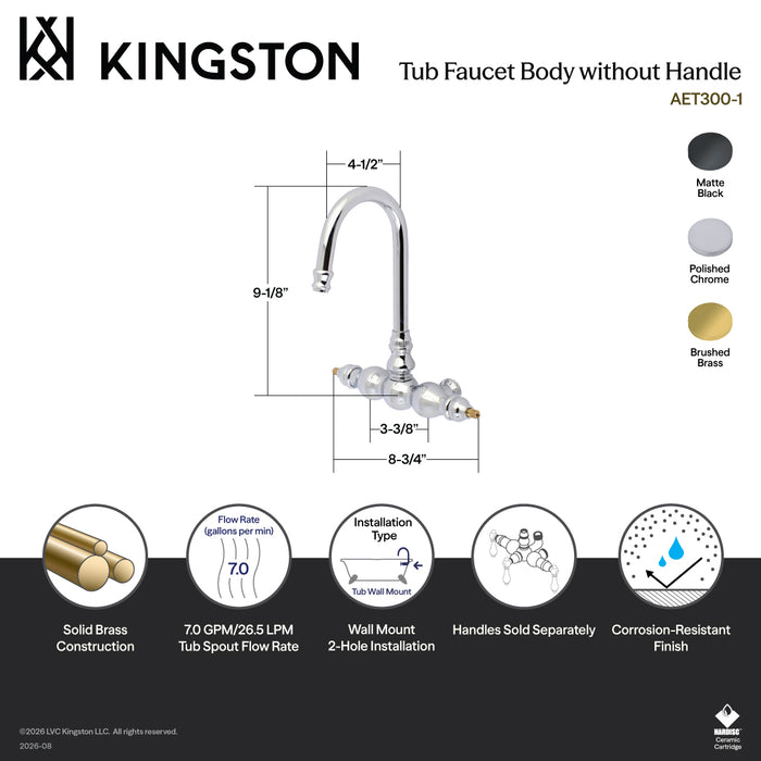 Kingston Heirloom AET300-7 - Aqua Vintage 3-3/8 inch Tub Faucet Body Only (without Handle), Brushed Brass