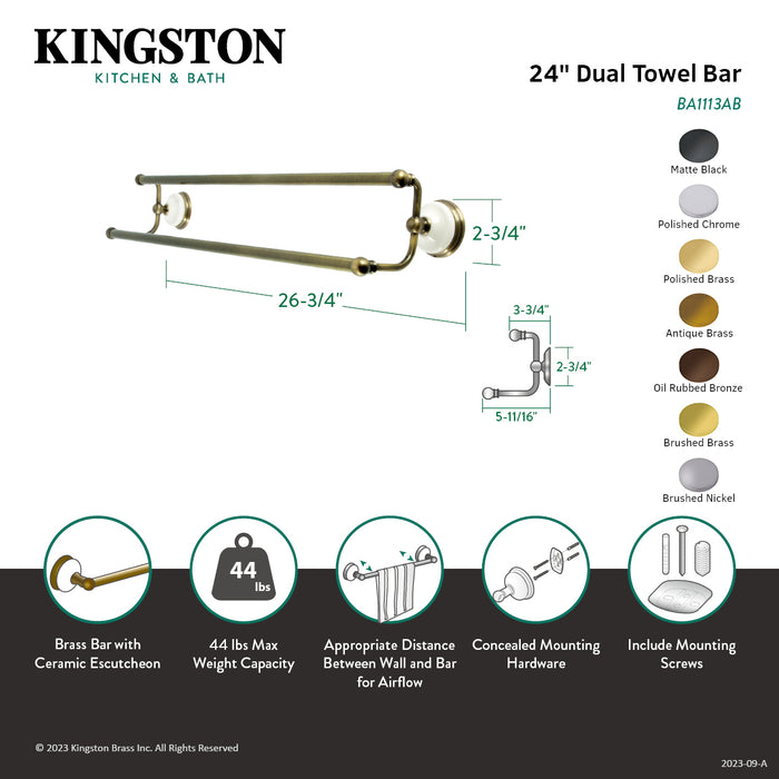Kingston Brass Victorian BA1113MB 24-Inch Dual Towel Bar, Matte Black