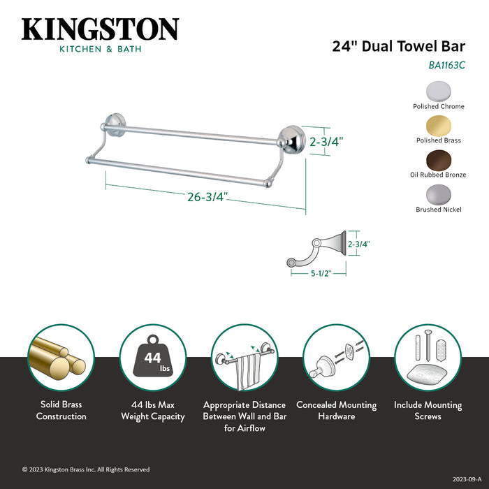 Kingston Heirloom BA1163PB - Vintage 24-Inch Double Towel Bar, Polished Brass