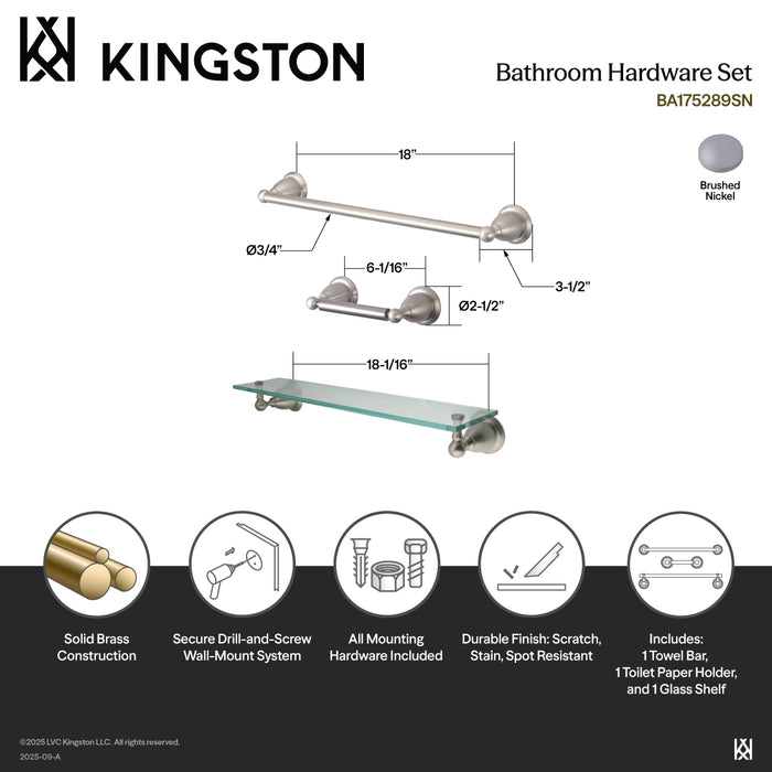 Kingston Heirloom BA175289SN - Heritage 3-Piece 18-Inch Towel Bar Bathroom Accessory Set, Brushed Nickel
