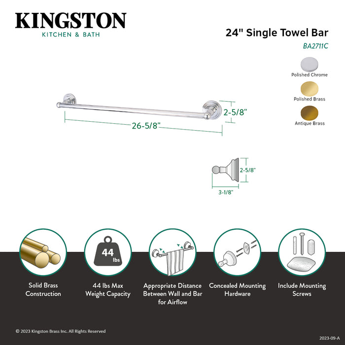 Kingston Sona BA2711AB - Milano 24-Inch Single Towel Bar, Antique Brass