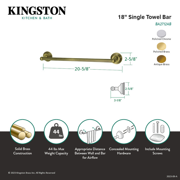 Kingston Sona BA2712AB - Milano 18-Inch Single Towel Bar, Antique Brass