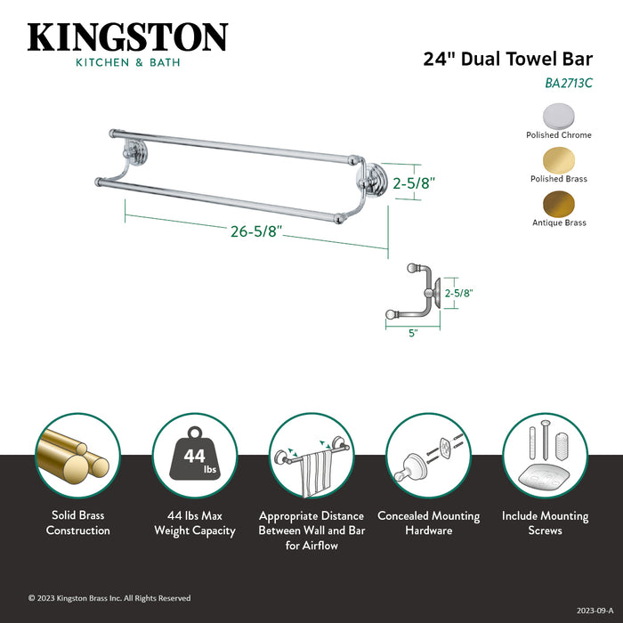 Kingston Sona BA2713AB - Milano 24-Inch Double Towel Bar, Antique Brass