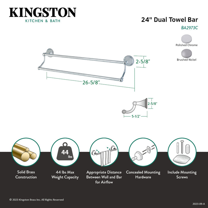 Kingston Tulare BA2973SN - Governor 24-Inch Double Towel Bar, Brushed Nickel