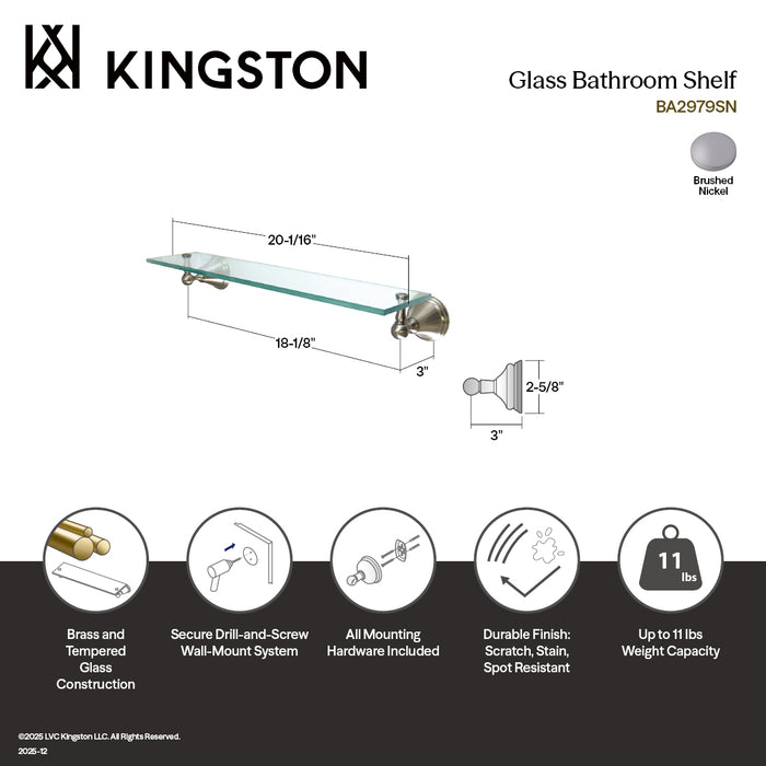 Kingston Governor BA2979SN Glass Shelf, Brushed Nickel