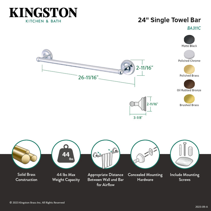 Kingston Heirloom BA311ORB - Classic 24-Inch Single Towel Bar, Oil Rubbed Bronze