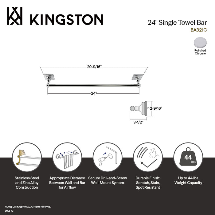 Kingston Tulare BA321C - Serano 24-Inch Single Towel Bar, Polished Chrome