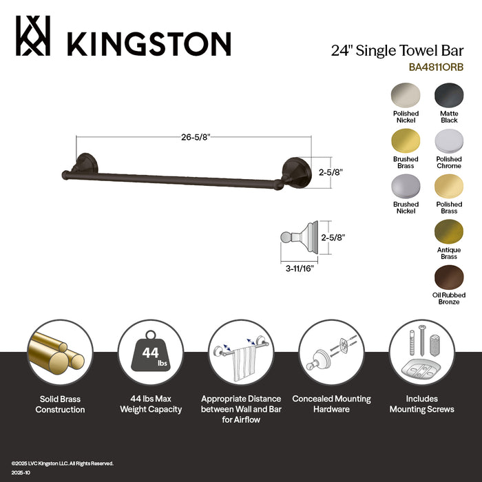 Kingston Tulare BA4811PN - Metropolitan 24-Inch Single Towel Bar, Polished Nickel