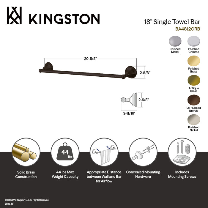 Kingston Tulare BA4812PN - Metropolitan 18-Inch Single Towel Bar, Polished Nickel