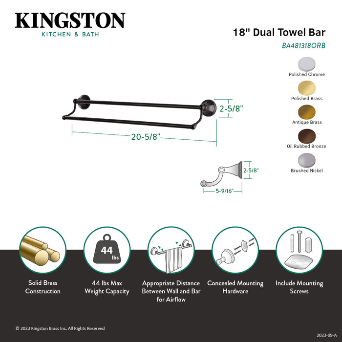 Kingston Tulare BA481318PB - Metropolitan 18-Inch Double Towel Bar, Polished Brass