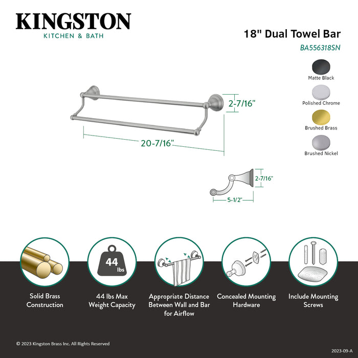 Kingston Tulare BA556318SN - Royale 18-Inch Double Towel Bar, Brushed Nickel