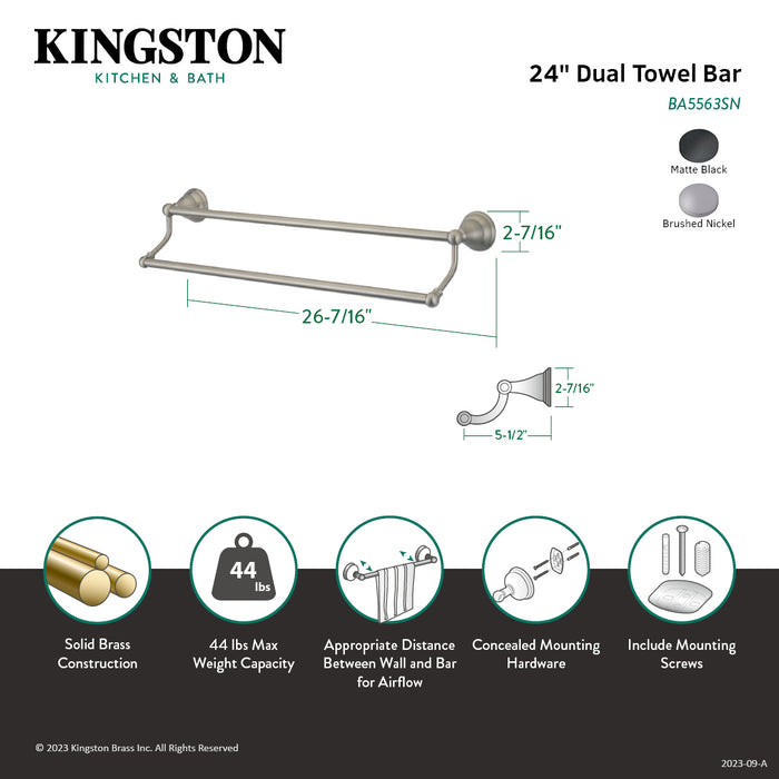 Kingston Tulare BA5563SN - Royale 24-Inch Double Towel Bar, Brushed Nickel