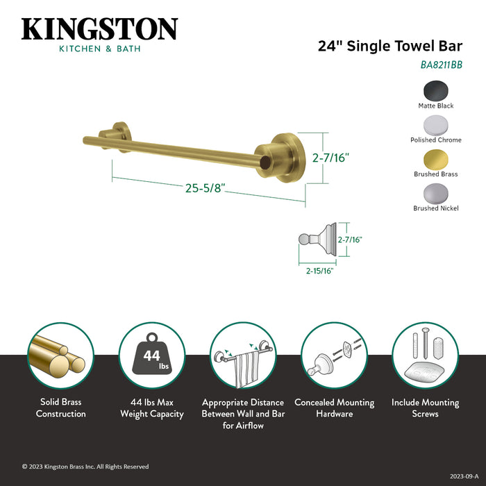 Kingston Sona BA8211SN - Concord 24-Inch Single Towel Bar, Brushed Nickel