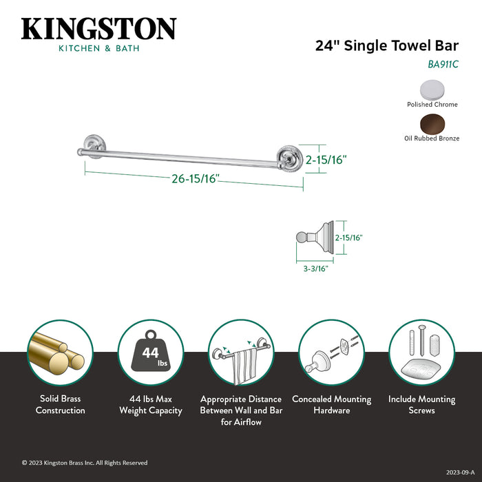 Kingston Laurel BA911C 24-Inch Single Towel Bar, Polished Chrome