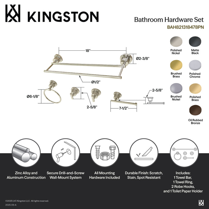 Kingston Concord BAH821318478SN 5-Piece 18-Inch Dual Towel Bar Bathroom Accessory Set, Brushed Nickel