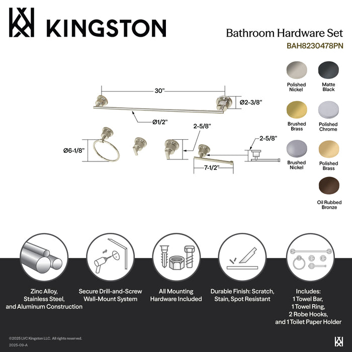 Kingston Sona BAH8230478SB - Concord 5-Piece 30-Inch Towel Bar Bathroom Accessory Set, Brushed Brass
