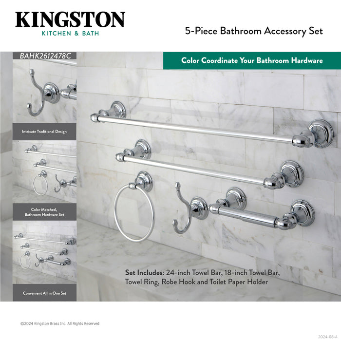 Kingston Tulare BAHK2612478BB - Provence 5-Piece 18-Inch and 24-Inch Towel Bars Bathroom Accessory Set, Brushed Brass