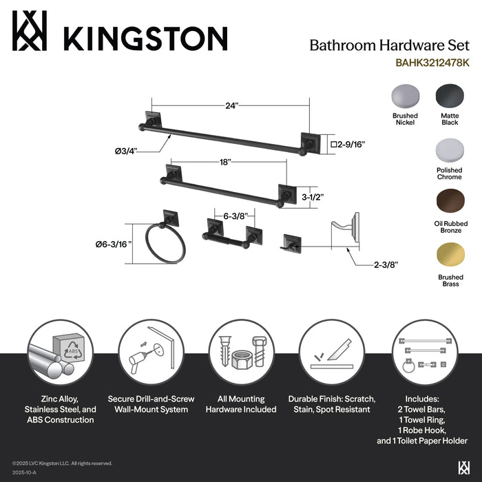 Kingston Tulare BAHK3212478K - Serano 5-Piece 18-Inch and 24-Inch Towel Bars Bathroom Accessory Set, Matte Black