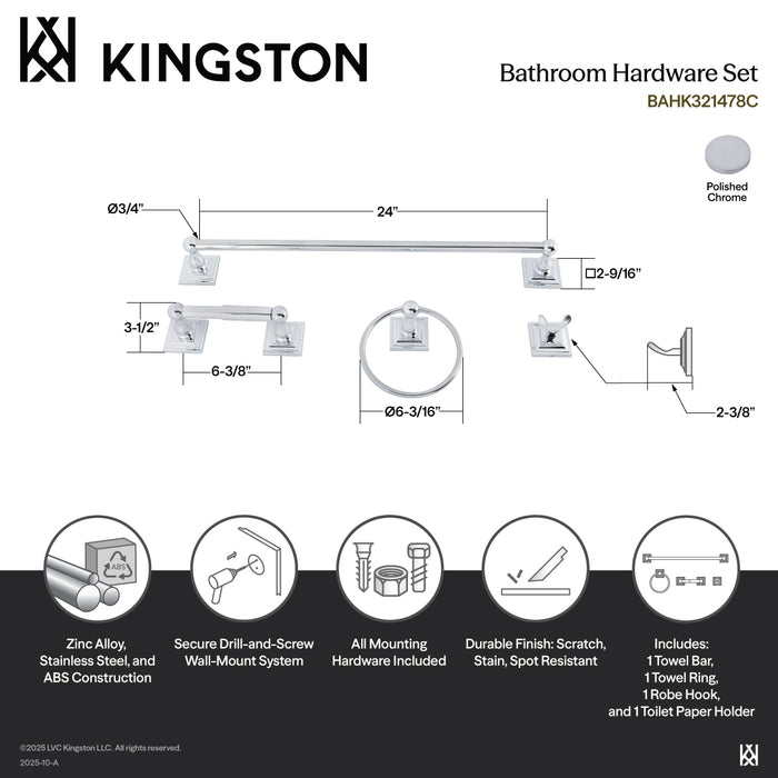 Kingston Tulare BAHK321478C - Serano 4-Piece 24-Inch Towel Bar Bathroom Accessory Set, Polished Chrome