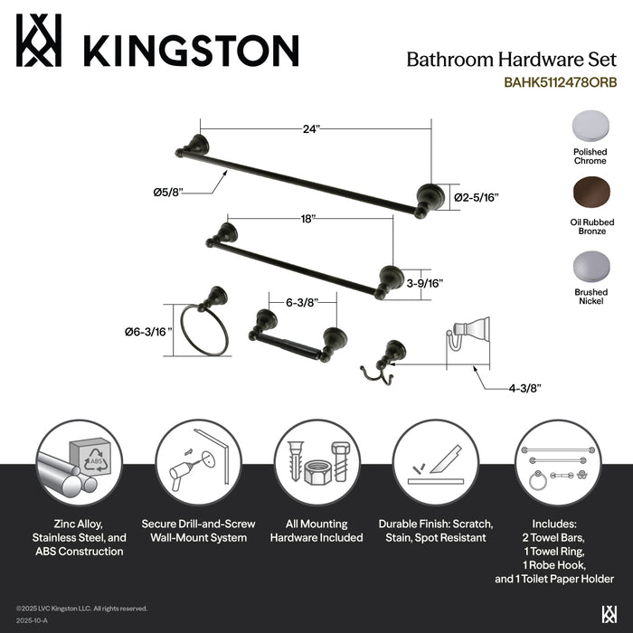 Kingston Tulare BAHK5112478ORB - Santa Fe 5-Piece 18-Inch and 24-Inch Towel Bars Bathroom Accessory Set, Oil Rubbed Bronze