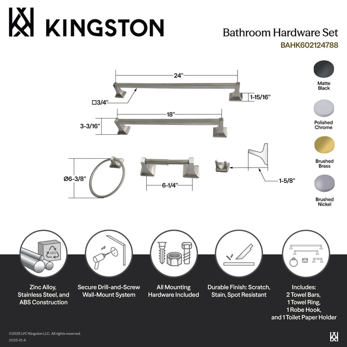 Kingston Sona BAHK602124788 - Milton 5-Piece 18-Inch and 24-Inch Towel Bars Bathroom Accessory Set, Brushed Nickel