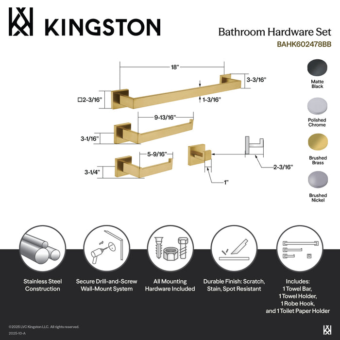 Kingston Sona BAHK602478BB - Lasdun 4-Piece 18-Inch Towel Bar Bathroom Accessory Set, Brushed Brass