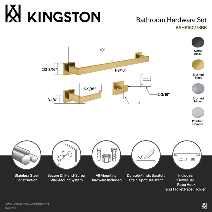 Kingston Sona BAHK60278MB - Lasdun 3-Piece 18-Inch Towel Bar Bathroom Accessory Set, Matte Black