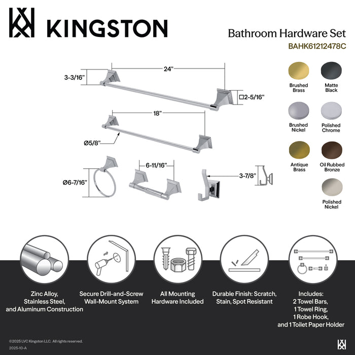 Kingston Tulare BAHK61212478BB - Monarch 5-Piece 18-Inch and 24-Inch Towel Bars Bathroom Accessory Set, Brushed Brass