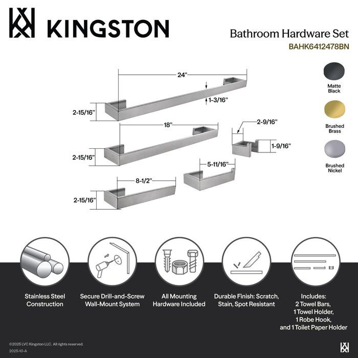 Kingston Sona BAHK6412478BN - Lasdun 5-Piece 18-Inch and 24-Inch Towel Bars Bathroom Accessory Set, Brushed Nickel