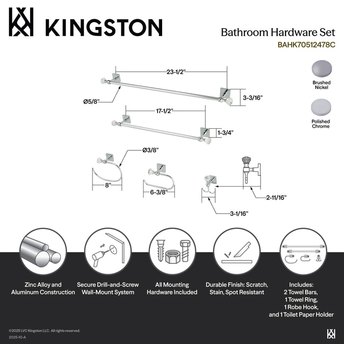 Kingston Celebrity BAHK70512478SN 5-Piece 18-Inch and 24-Inch Towel Bars Bathroom Accessory Set, Brushed Nickel