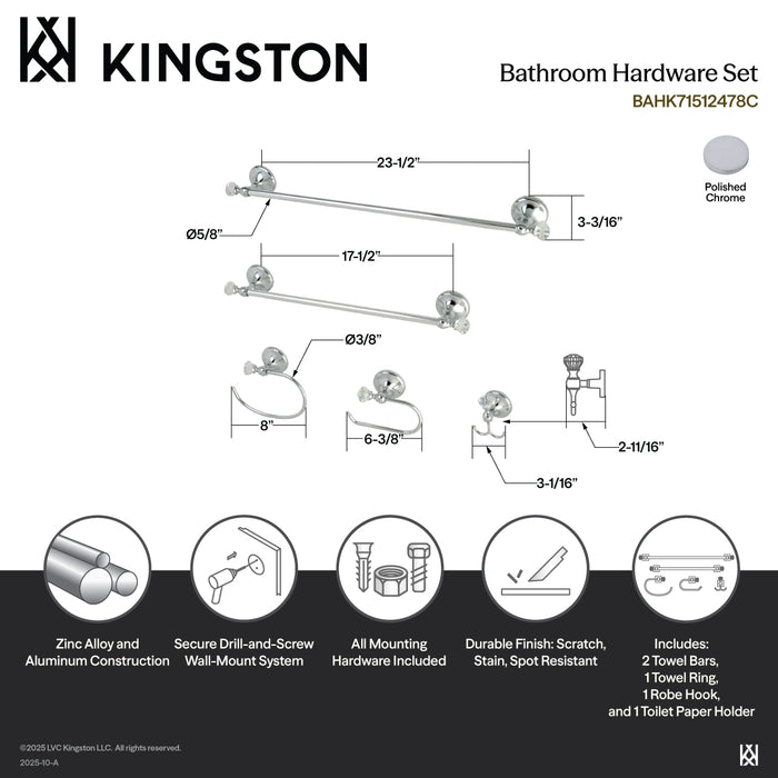 Kingston Celebrity BAHK71512478C 5-Piece 18-Inch and 24-Inch Towel Bars Bathroom Accessory Set, Polished Chrome