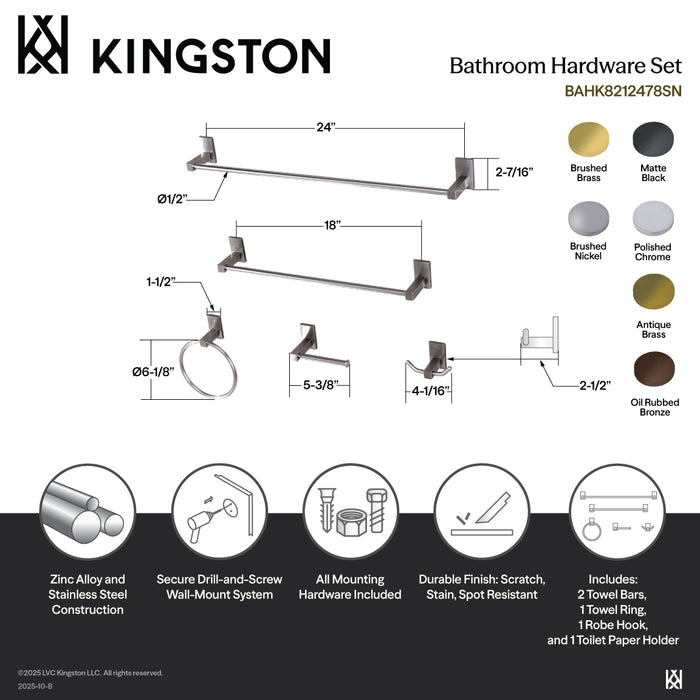 Kingston Sona BAHK8212478SN - Continental 5-Piece 18-Inch and 24-Inch Towel Bars Bathroom Accessory Set, Brushed Nickel