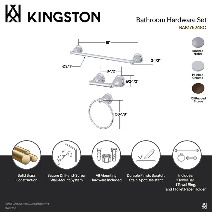 Kingston Heirloom BAK175248C - Heritage 3-Piece 18-Inch Towel Bar Bathroom Accessory Set, Polished Chrome
