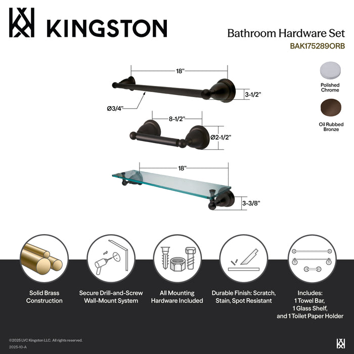 Kingston Heirloom BAK175289C - Heritage 3-Piece 18-Inch Towel Bar Bathroom Accessory Set, Polished Chrome