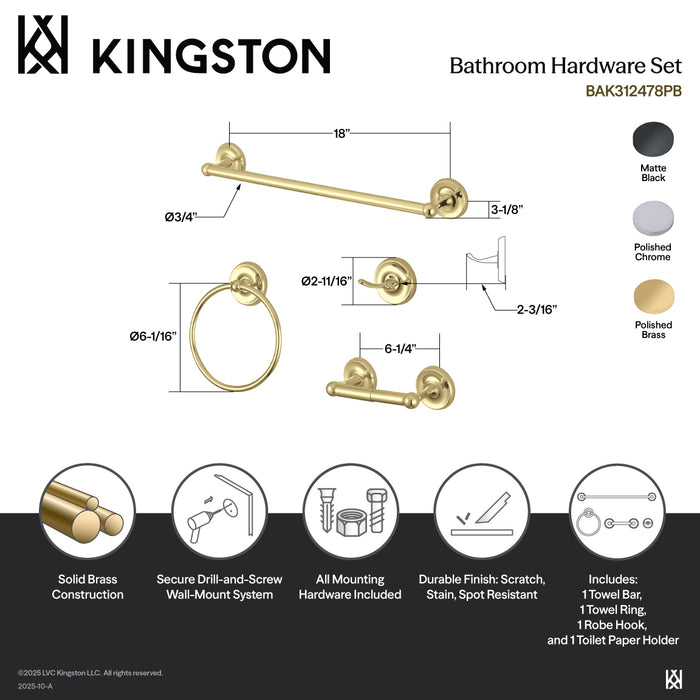 Kingston Heirloom BAK312478PB - Victorian 4-Piece 18-Inch Towel Bar Bathroom Accessory Set, Polished Brass