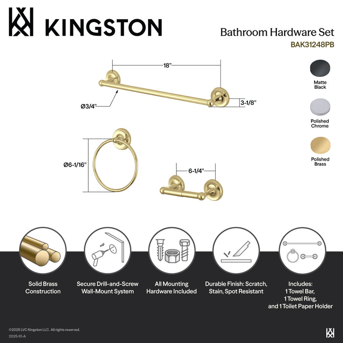 Kingston Heirloom BAK31248PB - Victorian 3-Piece 18-Inch Towel Bar Bathroom Accessory Set, Polished Brass