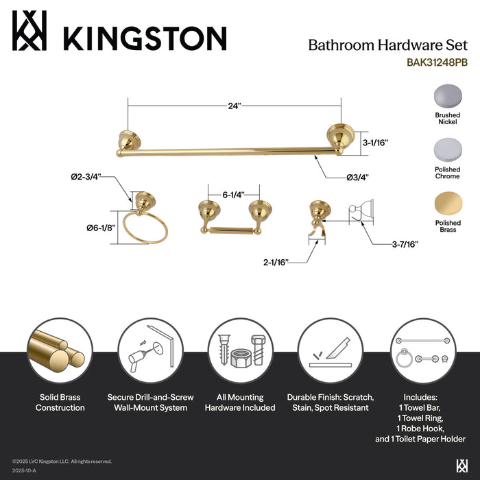 Kingston Heirloom BAK3961478PB - Restoration 4-Piece 24-Inch Towel Bar Bathroom Accessory Set, Polished Brass